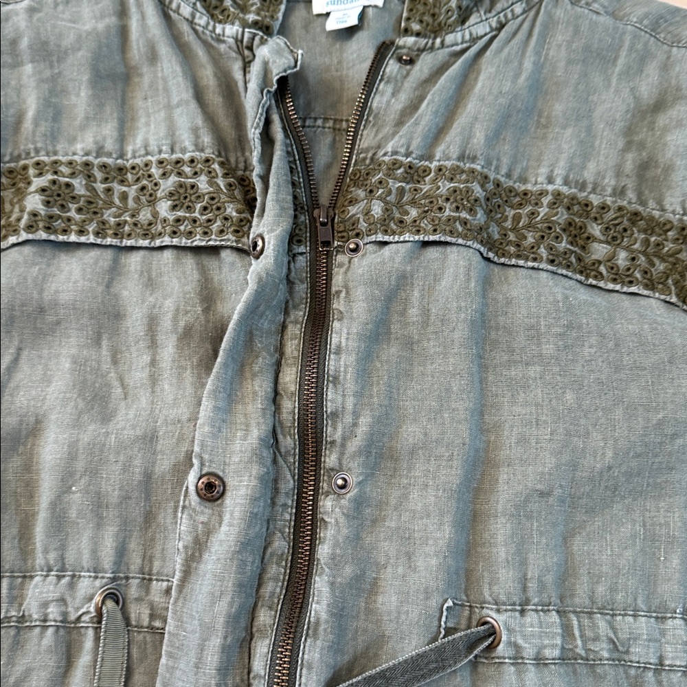 Sundance Grace Eyelet Hooded Linen Utility Jacket in olive green-M-Boho-Read - Picture 10 of 10